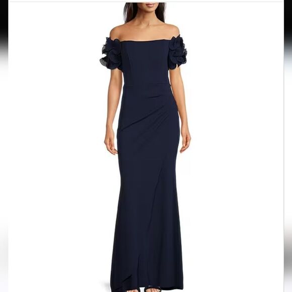 XscapeRosette Off-the-Shoulder Short Sleeve Ruffle Ruched Waist Gown Size 12 NWT - Picture 2 of 11